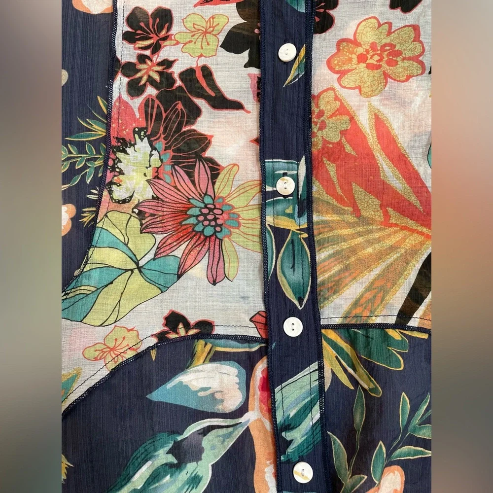 Floral patchwork blouse button down shirt tunic tropical Signals Funsport medium